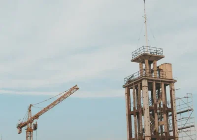 View of a modern urban construction site featuring a crane and a tall tower under blue skies.