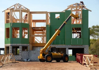 A multi-story wooden house under construction using a crane on a sunny day.